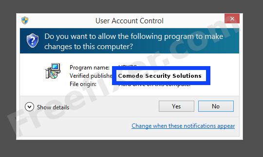 Screenshot where Comodo Security Solutions appears as the verified publisher in the UAC dialog